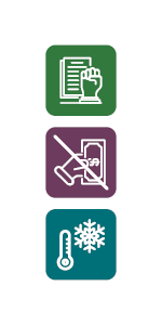 Three icons: 1) Fist over page, 2) hand holding dollar with slash across all, 3) thermometer with snowflake