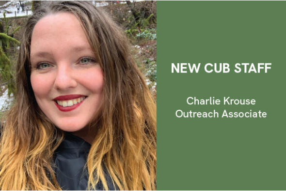 Image: Charlie Krouse smiles in a wooded area; Text: New CUB Staff, Charlie Krouse, Outreach Associate