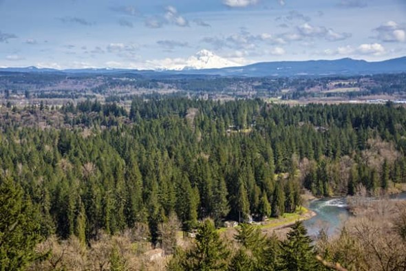 Mount Hood overlooks the Clackamas River Valley, site of PGE's Faraday Hydroelectric Project