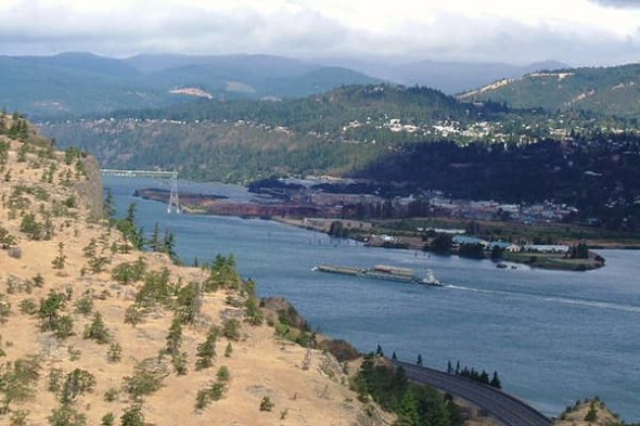 Overhead view of the Columbia River near the Wells hydroelectric facility, one of several hydro projects supplying power to Portland General Electric