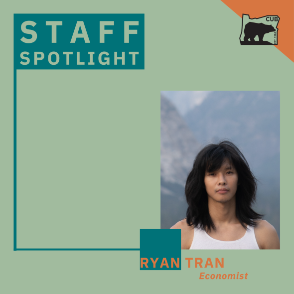 Picture of Ryan Tran on a light green background with blue text