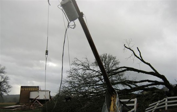 Damaged power pole in Aumsville, OR after a major storm in 2010 - storm recovery management was one of several issues discussed in PGE's recent general rate case.