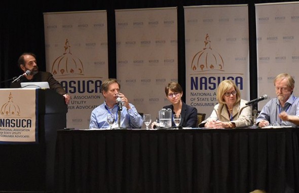 Bob Jenks moderates a panel on decarbonization at the 2019 NASUCA conference with (l-r): Jason Eisdorfer - Oregon PUC, Elaine Hart - PGE, Susan Stratton - NEEA, and Angus Duncan - Oregon Global Warming Commission