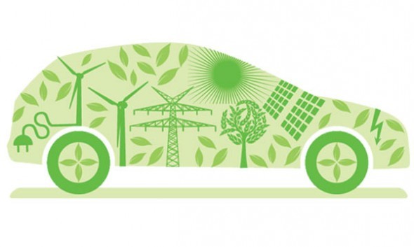 Graphic of an electric vehicle containing symbols representing clean power