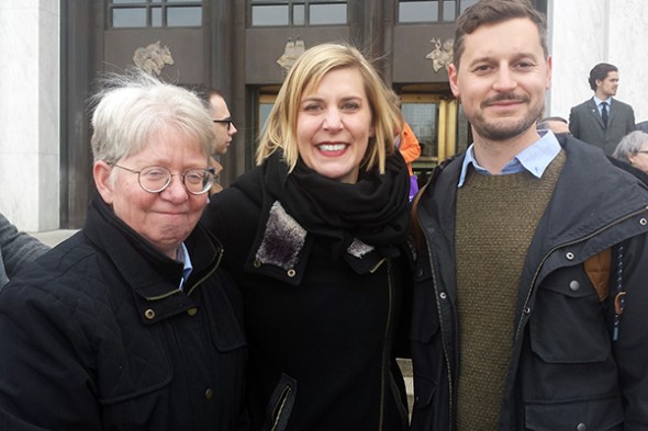 CUB Net Neutrality crusaders Sam Pastrick and Janice Thompson at a rally for HB 4155 with the bill's chief sponsor, House Majority Leader Jennifer Williamson