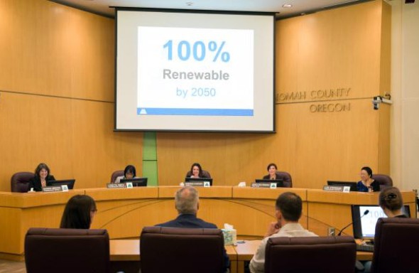 The Multnomah County Board voted unanimously on Thursday, June 1 to commit the county to reaching its goal of 100 percent renewable energy use community-wide by 2050.
