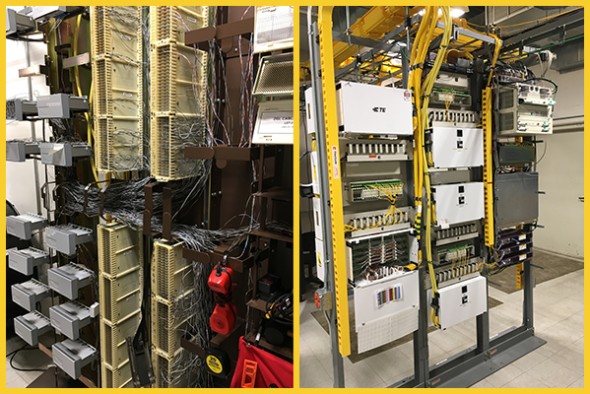 Contrasting technologies: POTS lines (left) and Fiber-to-home lines (right) at Monitor Telecom in Marion County, OR