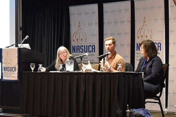 CUB Outreach Manager Sam Pastrick discusses telecommunications consumer advocacy with Regina Costa - TURN (l, moderator) and Elizabeth Uzelac - Oregon DOJ (r)