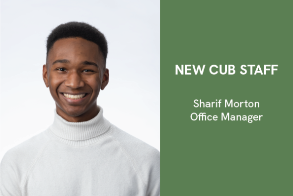 Image: Sharif Morton smiles in a white turtle neck and white background; Text: New CUB Staff, Sharif Morton, Office Manager