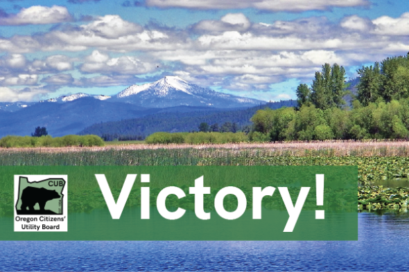 Image: Klamath Lake with mountains in the background; Text: Victory!