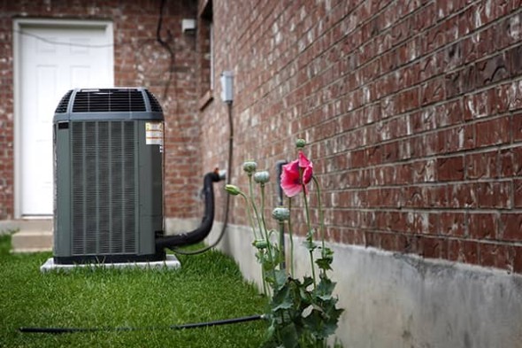 Heat pump outside a brick house with a pink flower and grass