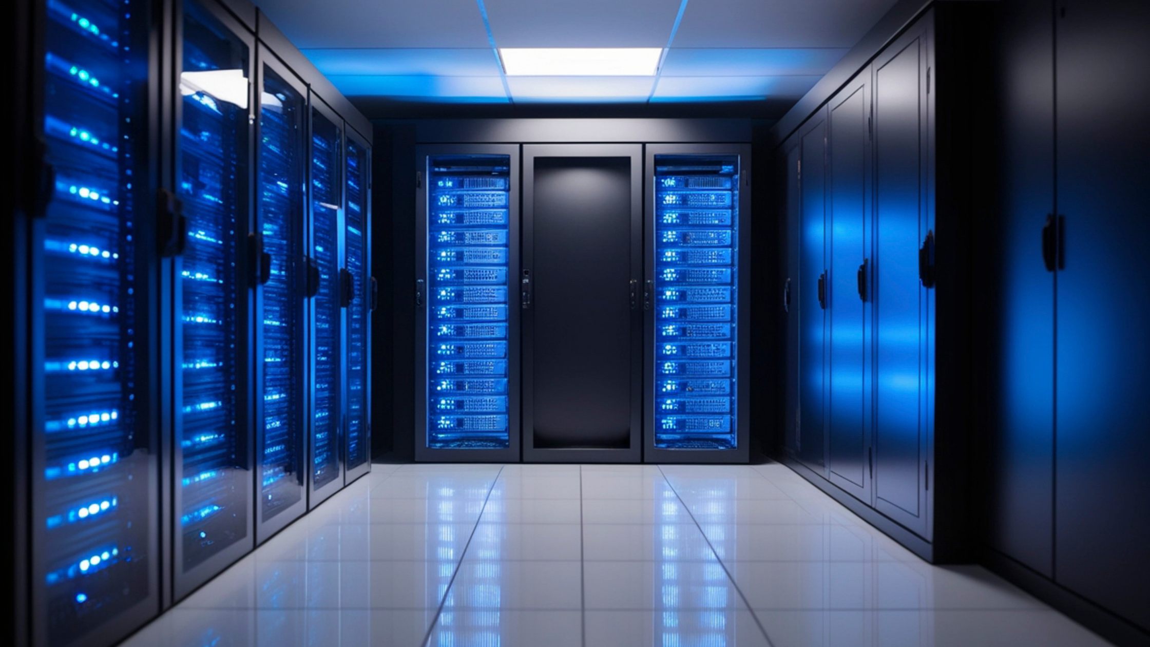 Data center, black and blue lights