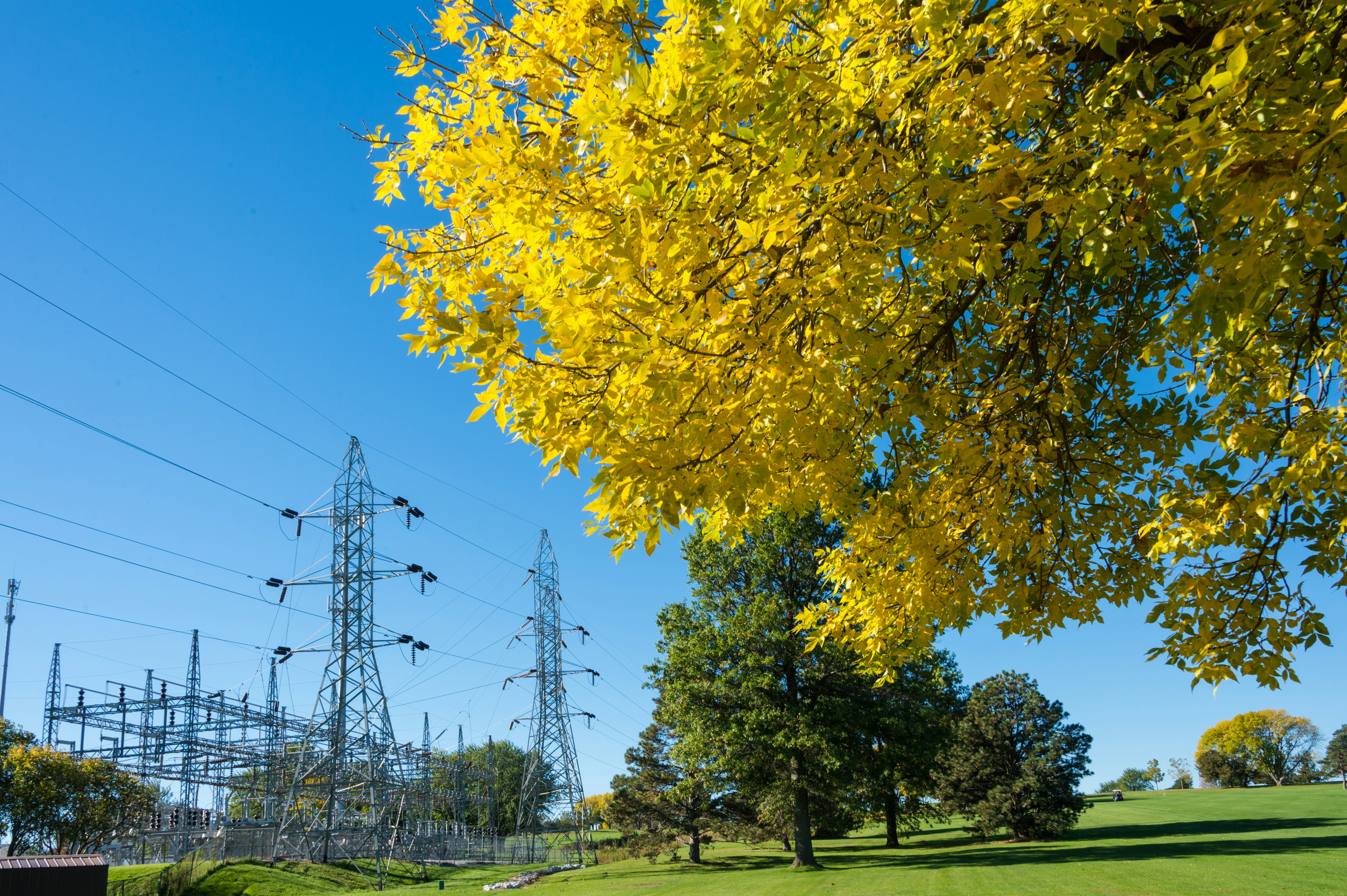 Electric substation on blue sky with green and yellow trees
