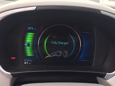 Dashboard of the Chevy Volt showing a full battery charge