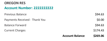 Idaho Power bill example: Oregon RES - Account # with previous balance, payments received & current charges